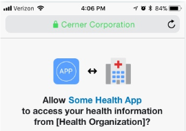 Cerner Corp screen: Allow Some Health App to access your health information permission screen